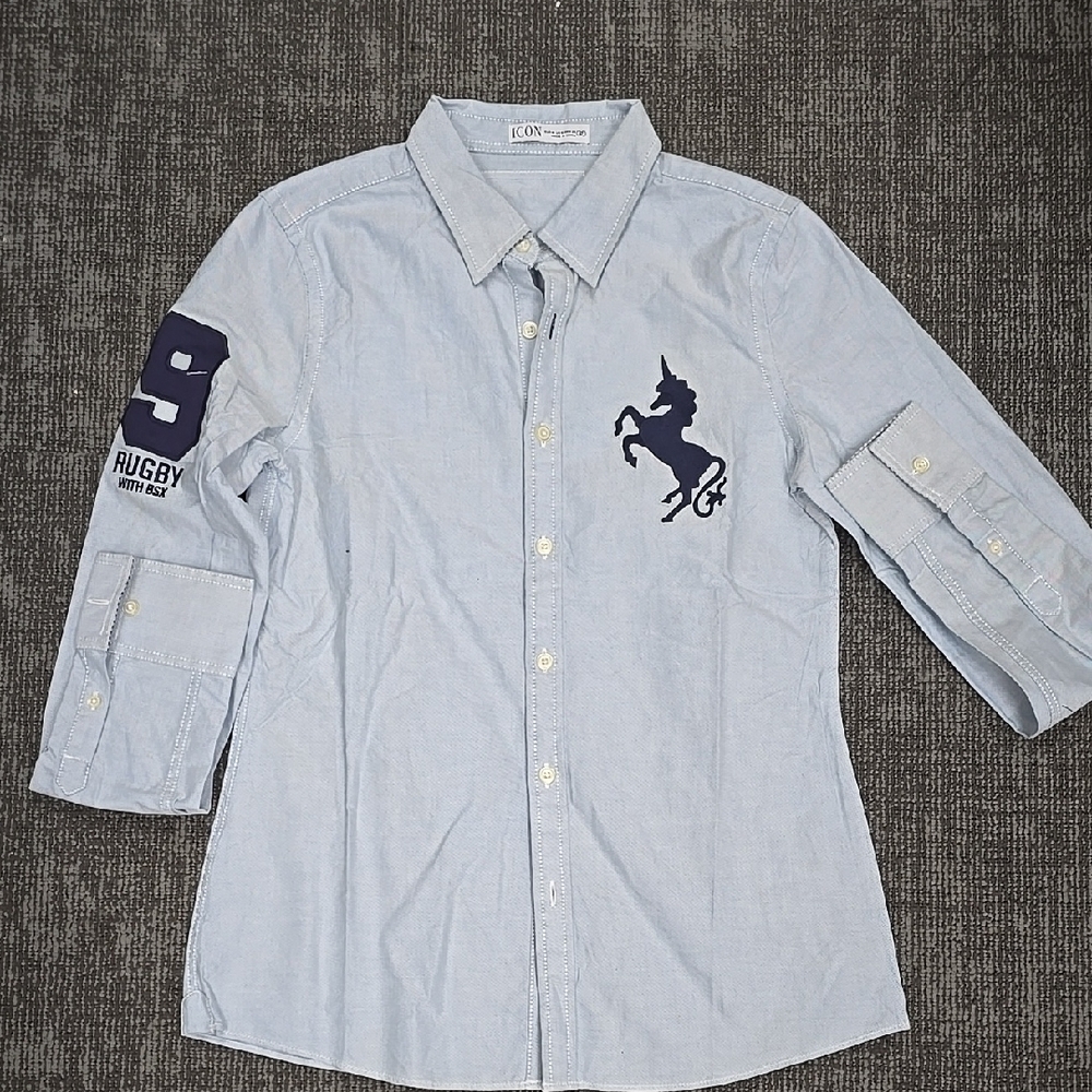 ICON Blue Casual Button Down Shirt with Embroidered Logo